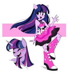  1girl :d animal_ears bare_arms bare_shoulders black_eyes blue_hair blunt_bangs blush blush_stickers boots closed_eyes colored_skin commentary dress dress_flower eyelashes flower full_body furry furry_female hand_up happy highres horns horse_ears layered_dress long_hair multicolored_hair multiple_views my_little_pony my_little_pony:_equestria_girls my_little_pony:_friendship_is_magic open_mouth personification pink_dress pink_hair pink_skin purple_hair purple_skin simple_background single_horn sleeveless sleeveless_dress smile sparkle standing standing_on_one_leg streaked_hair syrupyyyart teeth twilight_sparkle unicorn upper_teeth_only waving white_background white_flower 