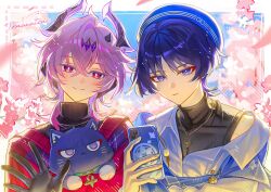  2boys absurdres ahoge animal animal_print animalization backlighting beret bird_print bishounen black_cat black_gloves black_horns black_sweater blue_hat blue_shawl blue_sky blunt_ends branch bright_pupils casual cat cellphone chain chain_necklace cherry_blossoms choppy_bangs closed_mouth commentary_request contemporary crossed_bangs diamond-shaped_pupils diamond_(shape) dragon_boy dragon_horns durin_(genshin_impact) eyeliner flower genshin_impact gloves gold_necklace gold_pendant hair_between_eyes hat head_tilt highres holding holding_animal holding_cat holding_phone horns jewelry layered_clothes light_blush looking_at_viewer makeup multiple_boys necklace official_alternate_costume open_hand out_of_frame outdoors partially_unbuttoned person_and_animalization phone pink_flower purple_hair purple_horns red_eyeliner red_eyes red_sweater ribbed_sweater scaramouche_(cat)_(genshin_impact) scaramouche_(genshin_impact) shawl shirt shoulder_peek sky smartphone smile split_mouth sweater symbol-shaped_pupils tomanattsu tsurime turtleneck turtleneck_sweater violet_eyes wanderer_(genshin_impact) wanderer_(impression)_(genshin_impact) white_pupils white_shirt 