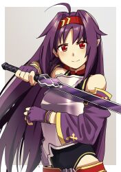  >:) 1girl absurdres ahoge alternate_color armor bare_shoulders belt black_leotard border breastplate breasts brown_background closed_mouth collared_leotard commentary_request covered_navel detached_sleeves fingerless_gloves gloves gradient_background hair_intakes hair_ribbon hairband hands_up high_collar highleg highleg_leotard highres holding holding_sword holding_weapon leotard light_blush long_hair long_sleeves looking_at_viewer messy_hair nemu_(46_2367teimei) obsidian_slasher outside_border pointy_ears purple_armor purple_gloves purple_hair purple_sleeves red_belt red_eyes red_hairband red_ribbon red_trim ribbon small_breasts smile solo split_mouth standing straight-on sword sword_art_online upper_body v-shaped_eyebrows weapon white_border yellow_trim yuuki_(sao) 