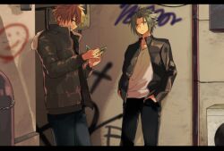  2boys alley banknote black_jacket black_pants blue_pants breasts closed_mouth commentary_request cowboy_shot denim frown fur-trimmed_jacket fur_trim graffiti grey_eyes grey_hair hands_in_pockets hands_up highres holding holding_money jacket jeans jewelry letterboxed long_sleeves looking_at_viewer male_focus money multiple_boys necklace o.z._(okome1026okome) open_clothes open_jacket open_mouth orange_eyes orange_hair outdoors pants profile rewrite shirt short_hair sideways_glance smile spiky_hair tennouji_kotarou v-shaped_eyebrows white_shirt yoshino_haruhiko 
