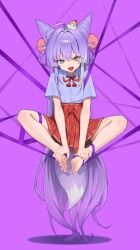  1girl @_@ absurdly_long_hair absurdres ahoge barefoot blue_eyes clrawing collared_shirt commentary_request cone_hair_bun double_bun fang flat_chest fox_tail full_body hair_bun hair_ornament hair_ribbon hair_rings heterochromia highres inari_(tenko_shibuki) korean_commentary long_hair multicolored_hair open_mouth pleated_skirt pom_pom_(clothes) pom_pom_hair_ornament purple_background purple_hair purple_ribbon red_skirt ribbon shirt short_sleeves simple_background skirt stellive streaked_hair tail tenko_shibuki very_long_hair virtual_youtuber white_hair white_ribbon white_shirt yellow_eyes 
