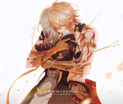  1boy 1girl arm_tattoo armlet arrow_(projectile) arrow_in_body black_gloves blonde_hair body_markings commission commissioner_upload gauntlets gloves gold_armlet gradient_hair grey_hair half-closed_eyes highres honkai:_star_rail honkai_(series) hug jewelry multicolored_hair mydei_(honkai:_star_rail) necklace stelle_(honkai:_star_rail) sumustard tattoo trailblazer_(honkai:_star_rail) vambraces watermark 