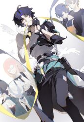  2boys 4girls absurdres aqua_jacket asaba_harumasa asymmetrical_gloves belle_(zenless_zone_zero) black_choker black_gloves black_hair black_necktie black_pants blue_hair blue_horns blue_oni blue_skin choker colored_skin commentary_request fox_girl gloves grey_hair hair_between_horns hair_ornament half_gloves highres horns hoshimi_miyabi jacket letter_hair_ornament mismatched_gloves mouth_hold multicolored_horns multiple_boys multiple_girls necktie oni open_mouth pants partially_fingerless_gloves pink_hair pointy_ears ribbon shirt short_hair single_half_glove skin-covered_horns soukaku_(zenless_zone_zero) tsukishiro_yanagi two-tone_horns white_background white_hair white_shirt wise_(zenless_zone_zero) yellow_eyes yellow_gloves yellow_ribbon yiyihongxue09456 zenless_zone_zero 