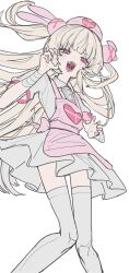  1girl absurdres apron bandaged_wrist bandages blonde_hair claw_pose commentary_request cowboy_shot dress fangs flat_color hair_ornament hat highres long_hair looking_at_viewer mosuroshyu nail_polish natori_sana natori_sana_(nurse) nurse nurse_cap open_mouth pink_apron pink_eyes puffy_short_sleeves puffy_sleeves rabbit_hair_ornament sana_channel short_sleeves simple_background solo teeth thigh-highs two_side_up white_background white_dress white_thighhighs 