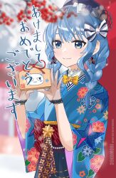  1girl absurdres blue_eyes blue_hair blue_kimono blurry blurry_foreground braid commentary cowboy_shot floral_print floral_print_kimono highres hololive hoshimachi_suisei japanese_clothes kimono komori_risu_(artist) print_kimono side_braids torii translation_request untranslatable_commentary virtual_youtuber 