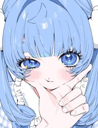  1girl 1other ahoge artist_name blue_eyes blue_hair blue_shirt blunt_bangs blush collar commentary_request copyright_notice curled_ends dot_nose eyebrows_hidden_by_hair frilled_shirt_collar frills gingham_clothes hair_intakes hair_ornament half-closed_eye hand_on_another's_cheek hand_on_another's_chin hand_on_another's_face heart heart-shaped_pupils hikimayu l_hand long_eyelashes looking_at_viewer multicolored_shirt nichijou_kamoshirenai parted_lips portrait pov pov_hands ringlets shirt short_eyebrows sidelocks sora_(wolrero) symbol-shaped_pupils thick_eyebrows twintails two-tone_shirt white_background white_collar white_shirt wolrero 