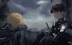  1boy 1girl anaizzzen black_collar black_hair black_pants blonde_hair blunt_ends clouds cloudy_sky collar collared_jacket crossed_arms from_side gem hair_ornament hairclip highres hope's_peak_academy_school_uniform hugging_own_legs jacket lightning lower_eyelashes_only maruko_gaku oosuzuki_kurara pants parted_hair profile rain red_eyes red_gem rubble sailor_collar school_uniform short_hair sitting sky storm the_hundred_line_-last_defense_academy- wet wet_hair 