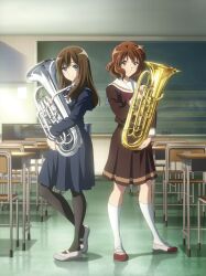  2girls absurdres anime_coloring black_pantyhose blue_eyes blue_serafuku blue_shirt blue_skirt brown_eyes brown_hair brown_serafuku brown_shirt brown_skirt classroom closed_mouth desk euphonium full_body heel_up hibike!_euphonium highres holding holding_instrument indoors instrument kitauji_high_school_uniform kneehighs kuroe_mayu long_hair long_sleeves looking_at_viewer medium_skirt multiple_girls official_art oumae_kumiko pantyhose pleated_skirt sailor_collar school_desk school_uniform serafuku shirt shoes short_hair side-by-side skirt smile socks standing third-party_source uwabaki white_sailor_collar white_socks winter_uniform 