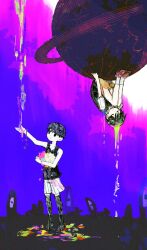  2boys antenna_hair black_hair black_sweater_vest black_tank_top black_thighhighs brown_shoes brown_shorts closed_eyes closed_mouth collarbone collared_shirt colored_skin commentary_request hair_between_eyes hand_up highres knees_up loafers male_focus multiple_boys omori omori_(omori) otukimiruno shirt shoes short_hair short_sleeves shorts socks something_(omori) standing striped_clothes striped_shorts sunny_(omori) sweater_vest tank_top thigh-highs upside-down vertical-striped_clothes vertical-striped_shorts white_shirt white_shorts white_skin white_socks 