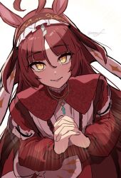  1girl absurdres ahoge animal_ears blunt_bangs blunt_ends blunt_sidelocks brown_headdress closed_mouth commentary_request dress frilled_hairband frills hair_between_eyes hairband highres horse_ears horse_girl interlocked_fingers layered_hair long_hair long_sleeves looking_at_viewer own_hands_clasped own_hands_together red_desire_(divine_raiment)_(umamusume) red_desire_(umamusume) red_dress red_hair red_hairband red_headdress red_veil sidelocks smile solo tongue tongue_out umamusume uxxxjf veil yellow_eyes 