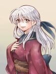  1girl :d animal_print bangs butterfly_print fire_emblem fire_emblem:_radiant_dawn fire_emblem_heroes gau_fe gradient gradient_background grey_hair half_updo hand_on_own_chest japanese_clothes kimono long_hair long_sleeves looking_at_viewer micaiah_(fire_emblem) obi official_alternate_costume open_mouth sash simple_background smile solo upper_body yellow_eyes yukata 