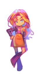  1girl :d alternate_breast_size_(smaller) arm_at_side black_boots black_jacket boots colored_skin curtained_hair cutie_mark cutie_mark_print deformed equestria_girls_(movie) flat_chest full_body green_eyes grin hair_between_eyes hair_over_shoulder hand_on_own_hip highres jacket knee_boots knees_apart_feet_together long_hair long_sleeves looking_at_viewer medium_skirt multicolored_hair my_little_pony my_little_pony:_equestria_girls my_little_pony:_friendship_is_magic open_clothes open_jacket orange_skin orange_skirt overlighting pencil_skirt pink_shirt raised_eyebrow red_hair shirt sidelocks simple_background skirt smile solo standing streaked_hair sunset_shimmer sunset_shimmer_(human) two-tone_hair v-shaped_eyebrows very_long_hair wavy_hair white_background yushokupan 