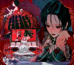  2girls billboard black_eyes black_hair bridal_veil cross cross_necklace dress giant giantess highres jewelry komatsu_nana mini_person minigirl multiple_girls nana_(series) necklace osaki_nana red_lips serving_dome veil vimpirerose wedding_dress white_dress 
