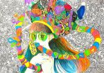  1girl abstract bangs black_hair blue_hair colorful commentary_request covered_mouth dyuami gradient_hair green-tinted_eyewear green_hair hat multicolored_hair orange_hair original pink_nails solo tinted_eyewear upper_body 