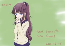  1girl 2016 :o black_skirt blue_eyes brown_hair commentary english_commentary english_text green_background hair_ornament hair_scrunchie light_blush long_hair long_sleeves looking_at_viewer new_game! pain_(pixiv_1806242283) scrunchie shirt skirt solo takimoto_hifumi yellow_shirt 