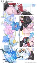  1girl black_jacket bow camera closed_mouth denia_(wuthering_waves) gloves hair_bow highres holding holding_camera jacket long_sleeves official_art pink_background pink_skirt red_gloves scrapbook skirt smile stuffed_toy violet_eyes wuthering_waves 