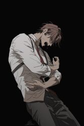  1boy black_background black_pants brown_hair chest_harness closed_eyes collared_shirt commentary_request cowboy_shot crying dark-skinned_male dark_skin harness heathcliff_(project_moon) highres korean_commentary limbus_company long_sleeves male_focus mangsug12_40 open_mouth pants project_moon shirt simple_background solo white_shirt 