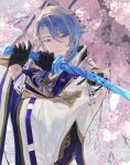  1boy bangs black_gloves blue_hair branch closed_mouth commentary_request flower genshin_impact gloves highres holding holding_sword holding_weapon japanese_clothes kamisato_ayato katana long_sleeves male_focus mole mole_under_mouth mumu_vosp petals pink_flower ribbon-trimmed_sleeves ribbon_trim solo sword upper_body violet_eyes weapon wide_sleeves 