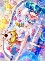  2girls air_bubble alternate_costume alternate_hairstyle aqua_hair aqua_nails bathing bathtub bikini blonde_hair blue_bikini blue_eyes bow breasts bubble cup double_bun flower food food_in_mouth hair_bow hair_bun hair_ornament hairclip hatsune_miku holding holding_cup in_bathtub kagamine_rin looking_at_another looking_up medium_breasts multiple_girls nail_polish open_mouth parallel_hairclips partially_submerged petals petals_on_liquid pink_flower popsicle popsicle_in_mouth rubber_duck shared_bathing short_hair short_twintails small_breasts soap_bubbles swimsuit toenail_polish toenails tojirou_(usagi31415) twintails vocaloid water white_bow yellow_bikini 