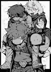  1boy 1girl 1other absurdres androgynous animal_ears antenna_hair armlet artist_name bracelet bright_pupils buckle clenched_teeth commentary deltarune fangs freckles furry furry_female furry_male gauntlets glasses greyscale heart heart-shaped_buckle highres horns jewelry kris_(dark_world)_(deltarune) kris_(deltarune) latencyknight long_hair long_sleeves monochrome one_eye_closed open_clothes open_mouth open_vest pink_eyes ralsei red_eyes reptile_girl round_eyewear shaded_face sharp_teeth shirt short_hair skin_fangs spiked_armlet spiked_bracelet spikes spot_color susie_(dark_world)_(deltarune) susie_(deltarune) t-shirt teeth tongue twitter_username utdr_(toby_fox) vest 