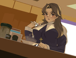  1girl :o brown_eyes brown_hair cross cross_necklace eating english_commentary factorysealed fate/stay_night fate_(series) genderswap genderswap_(mtf) holding holding_spoon jewelry kotomine_kirei latin_cross long_hair long_sleeves looking_to_the_side necklace puritan_collar sideways_glance solo spoon sweat upper_body 