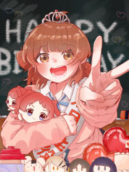  1girl ahoge balloon birthday_sash blue_ribbon blush brown_hair cake chalkboard character_doll chibigurumi commentary_request doll dress_shirt food foreshortening gakuen_idolmaster gradient_hair hair_rings hanami_saki hanami_ume happy_birthday hataya_misuzu heart_balloon highres hugging_doll hugging_object idolmaster indoors inu_tsuki145 kuramoto_china long_sleeves looking_at_viewer medium_hair multicolored_hair neck_ribbon orange_hair ribbon shinosawa_hiro shirt single_hair_ring smile solo strawberry_cake super_stamina_drink_(gakuen_idolmaster) tiara translation_request upper_body v white_shirt 