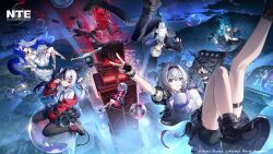  1boy 5girls absurdres aqua_hair black_hair breasts bubble cat_girl commentary company_name copyright_name copyright_notice dress drone english_commentary female_esper_zero_(nte) highres jacket lacrimosa_(nte) male_esper_zero_(nte) mint_(nte) multicolored_hair multiple_girls nanally_(nte) necktie neverness_to_everness night nitsa_(nte) official_art purple_necktie red_jacket skirt sleepy smile split-color_hair streaked_hair tentacle_hair twintails violet_eyes white_dress white_hair 