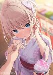  1girl bangs blonde_hair blue_eyes blush bow feeding floral_print hair_between_eyes hair_bow japanese_clothes kimono looking_at_viewer nekokobushi open_mouth original outdoors pov red_sash sash shaved_ice sidelocks solo summer_festival twitter_username yukata 