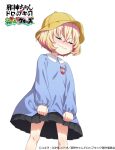  1girl 4frogsinc black_skirt blonde_hair blush closed_eyes closed_mouth embarrassed eyebrows_hidden_by_hair hat jashin-chan_dropkick kindergarten_uniform lierre pleated_skirt shiny shiny_hair shiny_skin short_hair simple_background skirt solo wavy_mouth white_background 