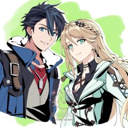  1boy 1girl aqua_coat artist_name black_hair blonde_hair blue_eyes blue_jacket blue_streaks braid choker closed_mouth coat commentary commission cropped_torso crown_braid dog_tags double-parted_bangs earrings eiyuu_densetsu elaine_auclair fur_collar green_background green_eyes hair_between_eyes hair_slicked_back half_up_half_down_braid jacket jewelry kuro_no_kiseki_(series) kuro_no_kiseki_ii long_hair looking_at_viewer multicolored_hair parted_lips pendant_choker short_hair sidelocks simple_background single_braid smile streaked_hair twitter_username two-tone_background two-tone_hair untranslatable_commentary upper_body van_arkride watermark yuu_accave 