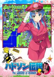  1girl aizawa_hiroshi belt belt_buckle blue_hair blue_necktie brown_shoes buckle buttons cherry_blossoms closed_mouth collared_shirt commentary_request cone_horns cover cover_page double-breasted doujin_cover foot_out_of_frame game_screenshot_background gloves green_eyes hand_up hat highres horns hudson jacket lapels long_hair momotarou_dentetsu necktie oni peaked_cap pink_belt pink_hat pink_jacket pink_skirt salute screenshot_background second-party_source shirt shoes side_slit single_horn skirt skirt_suit smile solo standing standing_on_one_leg suit suit_jacket train_conductor white_gloves white_shirt yashahime_(momotarou_densetsu) 