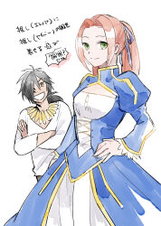  1boy 1girl alternate_costume alternate_hairstyle artoria_pendragon_(fate) black_hair blue_dress blue_ribbon closed_mouth commentary_request cosplay cowboy_shot crossed_arms dress eleanor_hume enoki_(megaclam) fate/stay_night fate/zero fate_(series) gilgamesh_(casual_wear)_(fate/zero) gilgamesh_(fate) green_eyes hair_over_one_eye hand_on_own_hip highres long_hair looking_at_another looking_at_viewer open_mouth orange_eyes pink_hair ponytail ribbon rokurou_rangetsu saber_(fate) saber_(fate)_(cosplay) shirt simple_background smile tales_of_(series) tales_of_berseria translation_request white_background white_shirt yellow_trim 