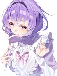  1004_tanpopo 1boy :3 androgynous apron blush bow bow_apron closed_mouth commentary_request crossed_bangs ensemble_stars! frilled_apron frills hair_between_eyes hair_intakes hanamura_fuyume hand_up heart_apron highres holding holding_ladle ladle layered_sleeves long_sleeves male_focus pink_bow purple_hair purple_shirt shirt short_hair short_over_long_sleeves short_sleeves simple_background smile solo upper_body violet_eyes white_apron white_background white_sleeves 