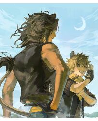  2boys absurdres animal_ears black_jacket blonde_hair blue_eyes blue_sky brown_hair crescent_moon dark-skinned_male dark_skin day hand_on_own_hip hazukisawara highres hyena_boy hyena_ears jacket leather leather_jacket leona_kingscholar lion_boy lion_ears lion_tail looking_at_viewer male_focus moon multiple_boys outdoors ruggie_bucchi savanaclaw_dorm_uniform sky sleeveless sleeveless_jacket standing tail twisted_wonderland upper_body wind 