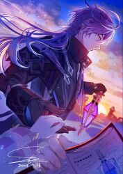  1boy 1other black_capelet black_coat black_gloves blue_hair book capelet clouds cloudy_sky coat commentary flins_(genshin_impact) floating_hair genshin_impact gloves highres holding holding_book holding_lantern lantern long_hair long_sleeves looking_at_another male_focus open_book outdoors parted_bangs pov pov_hands shiromiya_shino signature sky very_long_hair 