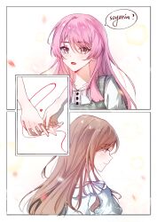 2girls bang_dream! bang_dream!_it's_mygo!!!!! blush brown_hair chihaya_anon closed_mouth commentary fang grey_eyes heart highres holding_hands long_hair multiple_girls nagasaki_soyo open_mouth pink_hair sokat string string_of_fate yuri 