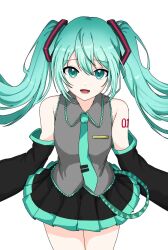  1girl aqua_eyes aqua_hair aqua_nails aqua_necktie bare_shoulders black_skirt black_sleeves blush_stickers collared_shirt commentary cowboy_shot detached_sleeves dot_nose double-parted_bangs floating_clothes floating_hair frilled_shirt frills grey_shirt hair_between_eyes hair_ornament hatsune_miku long_hair looking_at_viewer lower_teeth_only miniskirt mixbadthing necktie number_tattoo open_mouth pleated_skirt shirt skirt sleeveless sleeveless_shirt solo standing tattoo teeth thigh-highs tie_clip twintails vocaloid 