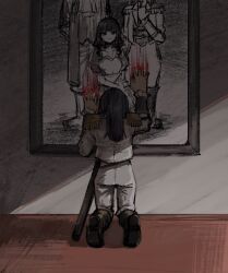  1girl arm_up black_boots black_hair blood blood_on_hand blood_on_wall boots epaulettes facing_away frilled_sleeves frills from_behind full_body hanayagi_kaoruko hand_on_wall hand_up highres indoors jacket knee_boots kneeling long_hair long_sleeves official_alternate_costume on_floor painting_(object) pants picture_frame scabbard shade sheath shoe_soles shoujo_kageki_revue_starlight shungao solo tendo_maya tsuyuzaki_mahiru white_jacket white_pants 
