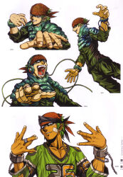  1boy absurdres artbook bandana beatmania_iidx bemani chain chain_necklace cuffs duel_(beatmania) fingernails goli_matsumoto green_hair green_shirt handcuffs headphones highres jewelry long_sleeves male_focus multiple_views necklace official_alternate_costume official_art open_mouth pointing pointing_at_viewer red_bandana scan scar shirt short_hair simple_background spiky_hair third-party_source white_background 