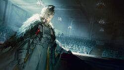  1boy arknights artist_request black_fur blonde_hair buttons cape closed_mouth dark_room double-breasted drill_hair drill_sidelocks from_side fur-trimmed_cape fur_trim game_asset hand_on_table hanging_light highres indoors long_sleeves official_art profile serious sidelighting sidelocks single_sidelock solo third-party_source 