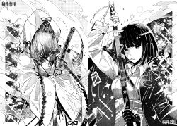  animal_print black_hair blunt_bangs blunt_ends bob_cut bow butterfly_print cigarette coat collared_shirt drawing_sword faceless floral_background floral_print gloves greyscale halftone hatching_(texture) holding holding_sword holding_weapon jacket jacket_on_shoulders japanese_clothes kimono kongchenmochenlun lcb_uniform_(project_moon) limbus_company lineart long_hair long_sleeves looking_at_viewer monochrome mother_and_child mother_and_daughter multiple_girls name_tag obijime ootachi parent_and_child project_moon ribbon rope ryoshu_(project_moon) scabbard sheath sheathed shimenawa shiromuku shirt short_hair single_glove smoke smoking sparkle sword tassel uchikake unsheathing upper_body veil wataboushi weapon weapon_tassel white_shirt 