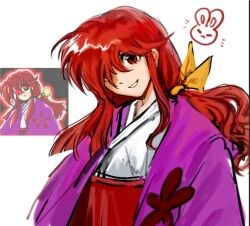  1girl asymmetrical_bangs bow commentary corrupted_file dot_nose english_commentary eyelashes floral_print game_screenshot_inset grin hair_bow hair_over_one_eye hair_tie happi happy head_tilt japanese_clothes kimono kotohime_(touhou) long_hair long_sleeves looking_at_viewer low_ponytail notice_lines obi one_eye_closed otogisum3 pink_robe ponytail print_robe rabbit red_eyes red_hair red_sash reference_inset robe sash screenshot_inset sidelocks simple_background smile solo tareme touhou touhou_(pc-98) upper_body white_background white_kimono yellow_bow 