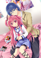  1boy 1girl :d angel_beats! ankle_lace-up black_choker black_pants black_ribbon blue_eyes blue_hair blue_sailor_collar blush choker commentary_request couple cuffs dutch_angle eyes_visible_through_hair feet_out_of_frame grin hair_between_eyes hair_ribbon hand_on_another's_head handcuffs headpat height_difference hetero hinata_hideki holding_hands hug hug_from_behind indoors jacket knees_together_feet_apart long_hair long_sleeves looking_at_viewer midriff neckerchief on_bed open_mouth pants partial_commentary pink_neckerchief red_eyes redrawn ribbon sailor_collar sailor_shirt school_uniform serafuku shinda_sekai_sensen_uniform shirt short_hair sidelocks signature sitting smile tareme thigh_strap tougo tsurime two_side_up very_long_hair white_shirt yellow_jacket yui_(angel_beats!) 