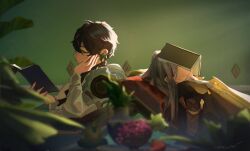  1boy 1girl black_hair black_jacket book book_on_face coat commentary dan_heng_(honkai:_star_rail) ear_ornament elbow_rest english_commentary food fruit grey_hair hair_between_eyes holding holding_book honkai:_star_rail honkai_(series) jacket long_hair lying oh_my_julai on_back open_book open_clothes open_jacket plant potted_plant reading short_hair sleeping stelle_(honkai:_star_rail) trailblazer_(honkai:_star_rail) turtleneck white_coat 