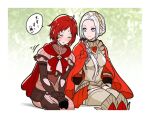  2girls armor black_gloves blurry blurry_background blush cape closed_eyes closed_mouth earrings edelgard_von_hresvelg fire_emblem fire_emblem:_three_houses fire_emblem_warriors:_three_hopes gloves green_background highres jewelry leaf leaf_background long_hair looking_at_another looking_down monica_von_ochs multiple_girls nieto_tokage official_alternate_costume official_alternate_hairstyle red_cape redhead short_hair simple_background sitting sweatdrop translation_request violet_eyes white_hair zettai_ryouiki 