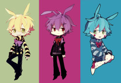  21336 3boys animal_ears black_gloves black_nails black_vest blonde_hair blue_hair blue_vest blush_stickers bonnie_(fnaf) bow bowtie chibi chibi_only closed_mouth commentary double-parted_bangs english_commentary eyes_visible_through_hair facial_mark fingerless_gloves five_nights_at_freddy's five_nights_at_freddy's_1 five_nights_at_freddy's_2 freckles full_body gloves green_eyes hair_between_eyes hair_ornament hairclip high_collar highres hood hooded_vest hoodie kneehighs long_sleeves multiple_boys nail_polish no_nose open_mouth parallel_hairclips personification pink_bow pink_bowtie purple_bow purple_bowtie purple_hair rabbit_boy rabbit_ears red_bow red_bowtie red_eyes red_shoes shoes short_hair simple_background sitting smile socks spring_bonnie_(fnaf) star_(symbol) star_facial_mark teeth three-toned_background toy_bonnie triangle triangle_facial_mark upper_teeth_only vest white_socks x_hair_ornament 
