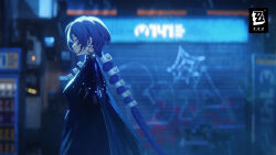  1girl absurdres black_cloak blue_hair blurry blurry_background cloak closed_mouth commentary copyright_logo english_commentary from_side highres logo long_hair official_art official_wallpaper outdoors promeia_(zenless_zone_zero) solo very_long_hair violet_eyes zenless_zone_zero 
