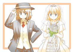  2girls adapted_costume adjusting_clothes adjusting_headwear alternate_costume back_bow black_hat black_pants black_suit blonde_hair blue_eyes bouquet bow brown_eyes brown_hair buttons closed_mouth collarbone collared_shirt commentary_request crown dress flower frilled_dress frills hair_bow hat holding holding_bouquet long_hair long_sleeves looking_at_another maribel_hearn medium_hair multiple_girls necktie pants partial_commentary red_necktie rose shirt short_sleeves smile suit touhou unagi_sango usami_renko veil white_bow white_dress white_flower white_rose white_shirt white_veil wife_and_wife 