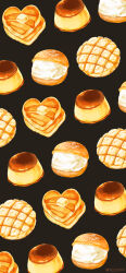  absurdres artist_name black_background bread butter commentary_request cream food food_focus heart heart-shaped_food highres melon_bread no_humans original pancake pancake_stack pastry powder_puff powdered_sugar pudding rizu_(rizunm) simple_background still_life syrup 