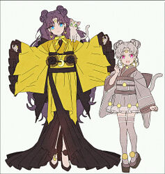  2girls :d animal bishoujo_senshi_sailor_moon black_shoes blue_eyes brown_hair cat character_request closed_mouth commentary_request crescent facial_mark forehead_mark green_eyes grey_background grey_hair grey_kimono grey_thighhighs hakusai_(tiahszld) hand_up japanese_clothes kimono long_hair long_sleeves multiple_girls nail_polish obi parted_bangs platform_shoes quad_buns sash shoes simple_background sleeves_past_wrists smile standing tail thigh-highs very_long_hair violet_eyes wide_sleeves yellow_kimono yellow_nails 